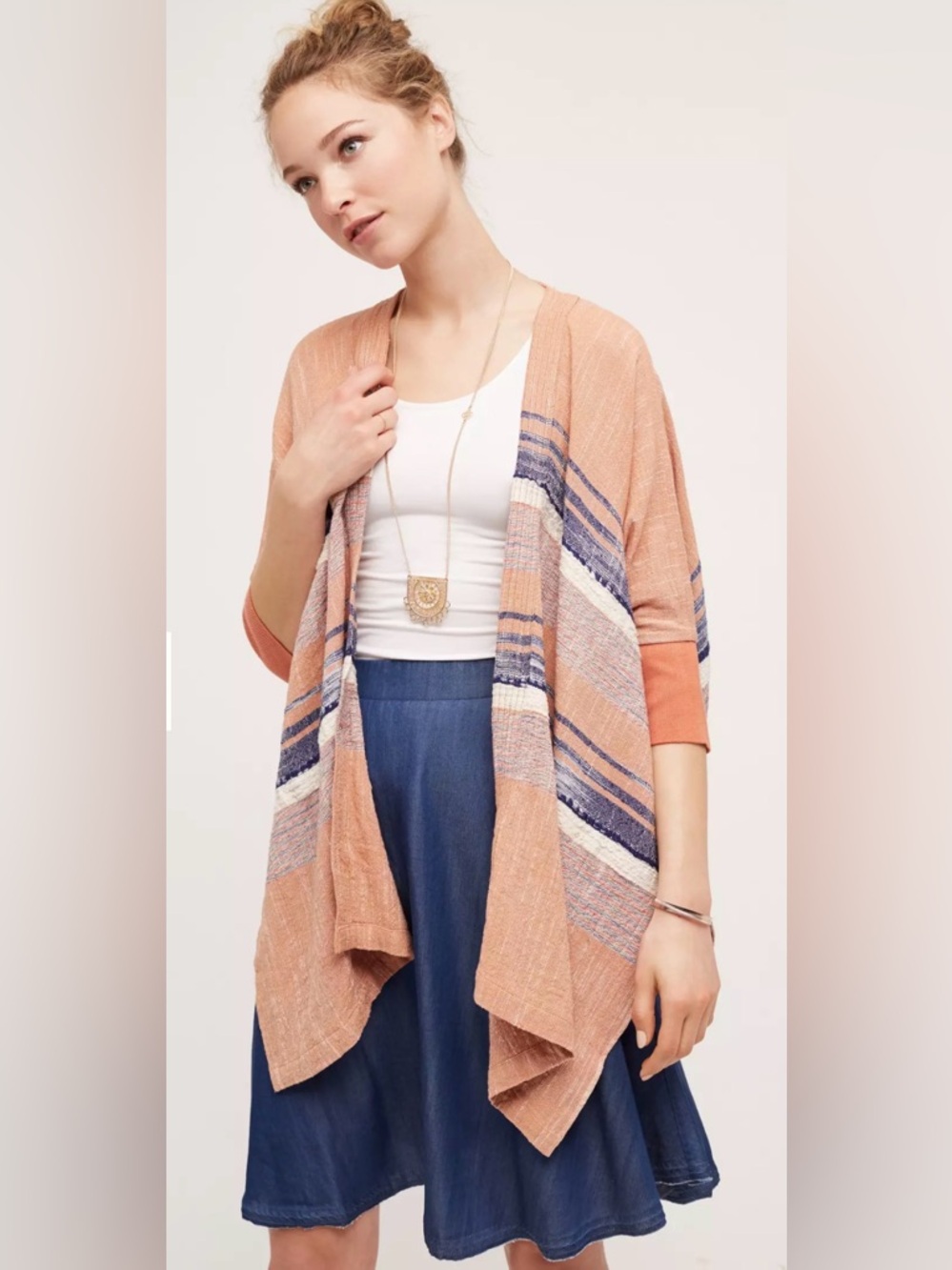 Anthropologie Elevenses Shoreline Kimono Coral Orange Striped Boho XS/S